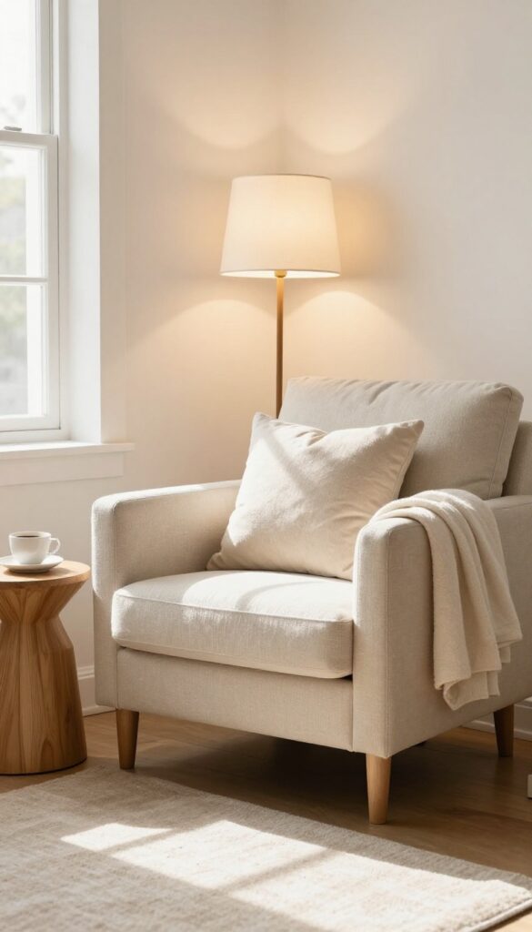 Cozy reading nook with armchair, throw blanket, floor lamp, and side table in a warm living room corner.
