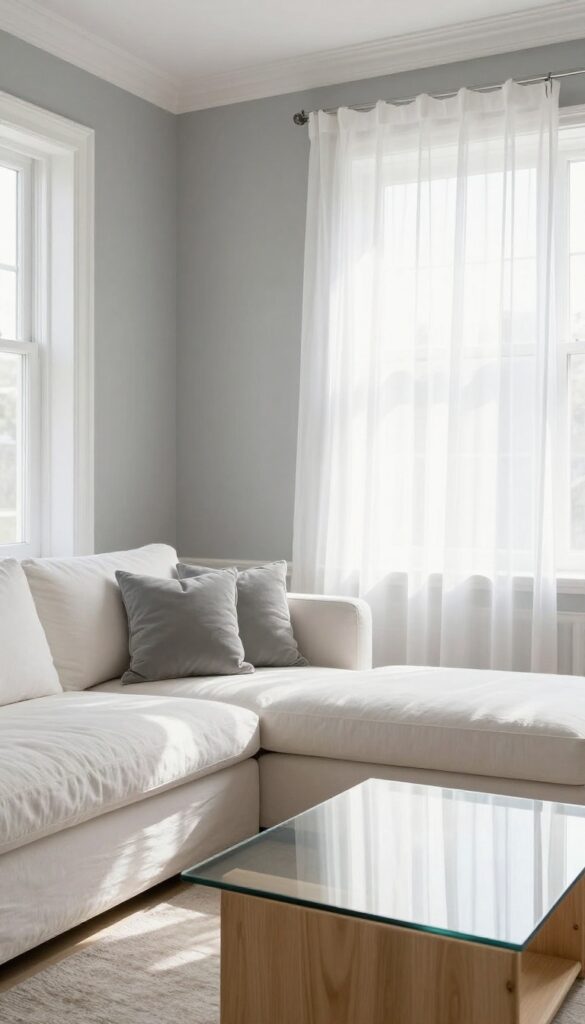 Airy living room with dove gray walls, white trim, white linen sofa, glass coffee table, and pale oak flooring, bathed in natural light.