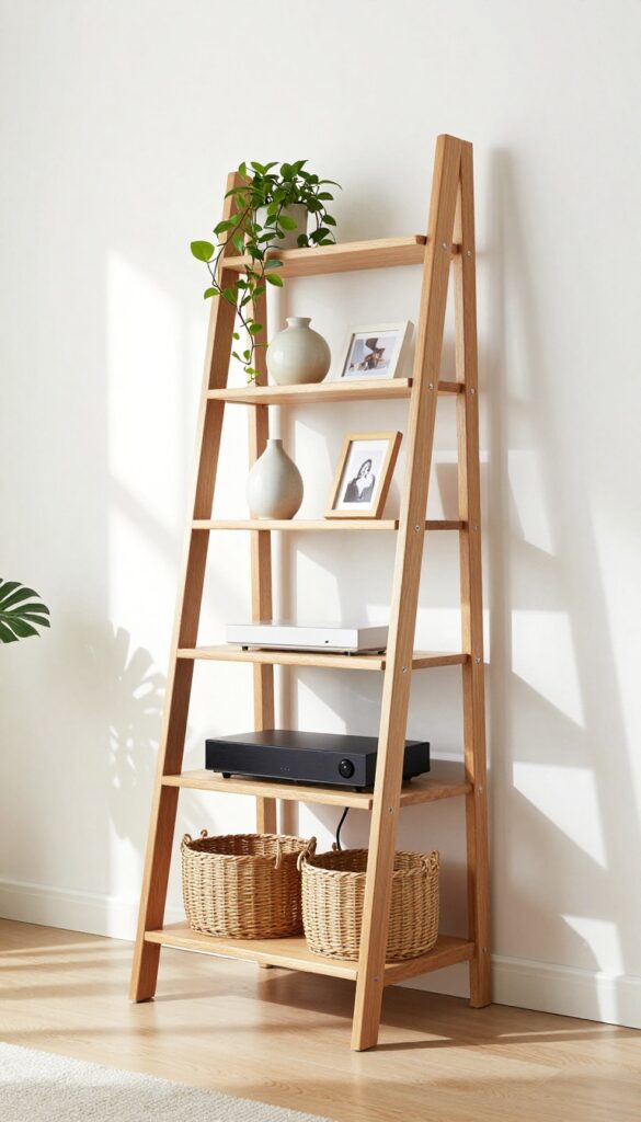 Ladder shelf TV stand with tiered storage in a bright living room