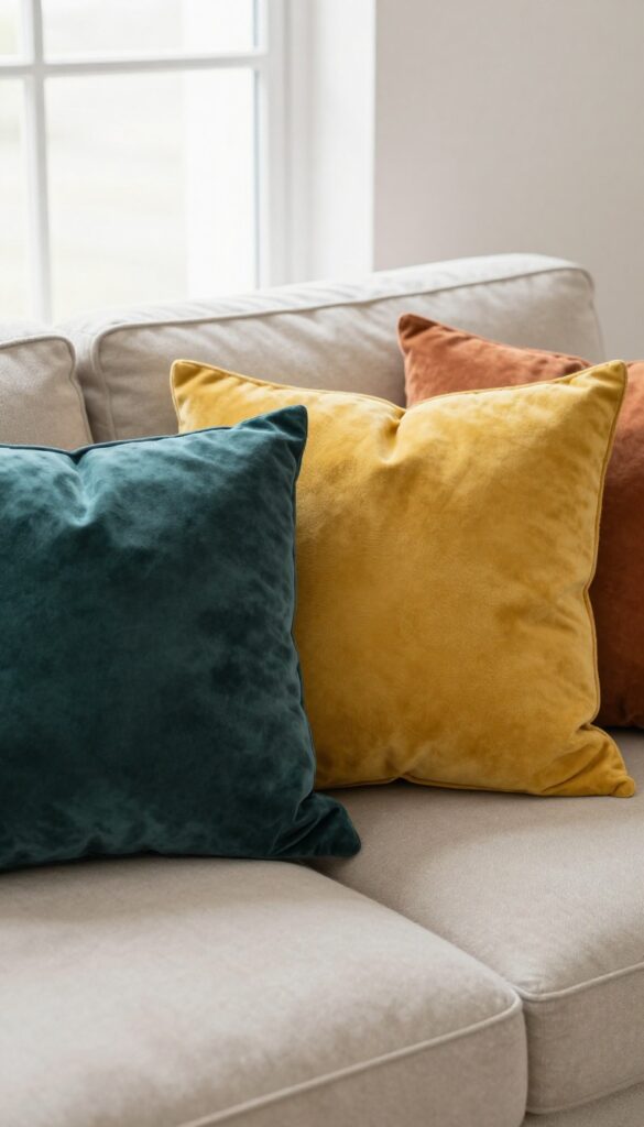 Close-up of a beige sofa with colorful throw pillows in teal, mustard, and terracotta, featuring velvet, knit, and linen textures.