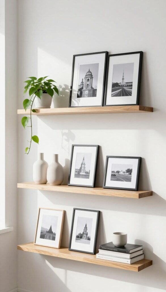 Floating shelf gallery with framed photos, small plant, vase, and books in a modern living room