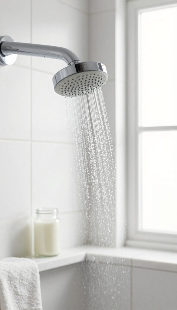 Close-up of a clean chrome shower head with water droplets in bright natural light, vinegar jar and cloth on marble shelf
