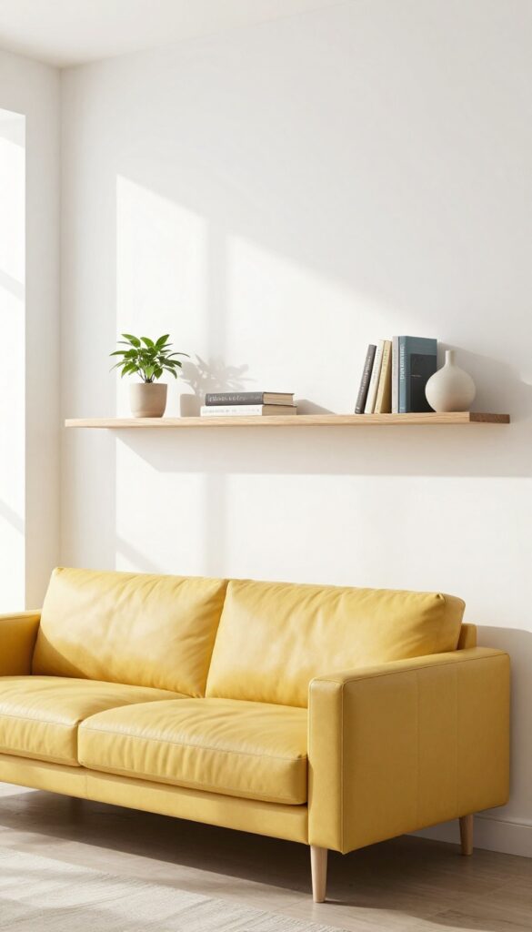 Yellow couch with floating shelves displaying books and decor in a bright, minimalist living room.