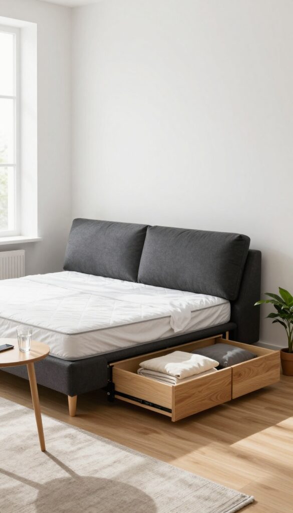 Living room with charcoal sofa that has a fold-out guest bed and built-in storage drawers, bright natural light, clean and uncluttered.