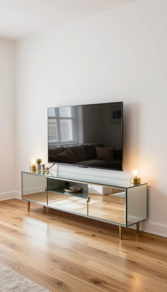 A mirrored TV console in a small living room reflecting light and making the space feel larger.