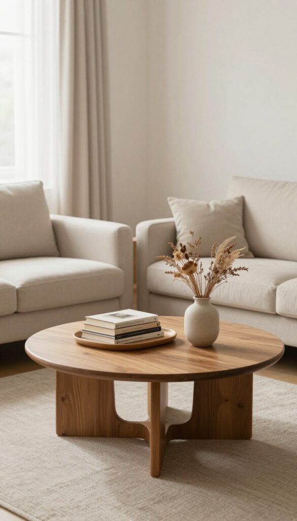 Rectangle living room with round coffee table softening angles, warm wood finish, cozy layered decor, natural light