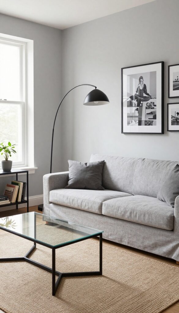Light gray living room with black metal accents including floor lamp, coffee table, shelves, and picture frames, with natural textures like linen and jute.