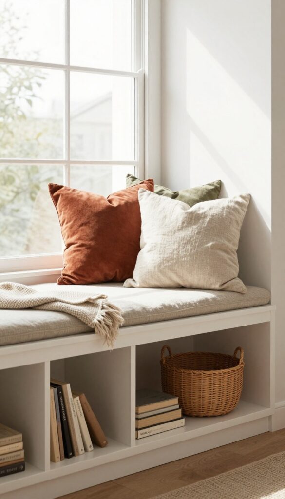 Cozy window seat made from IKEA KALLAX shelf with cushions and pillows in warm earthy tones