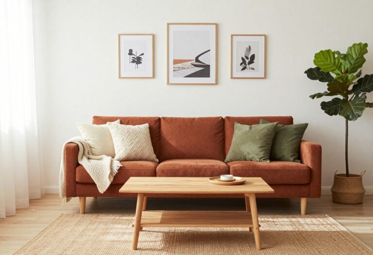 A cozy living room featuring a rust sofa with cream and olive green pillows, a light wood coffee table, and a jute rug.
