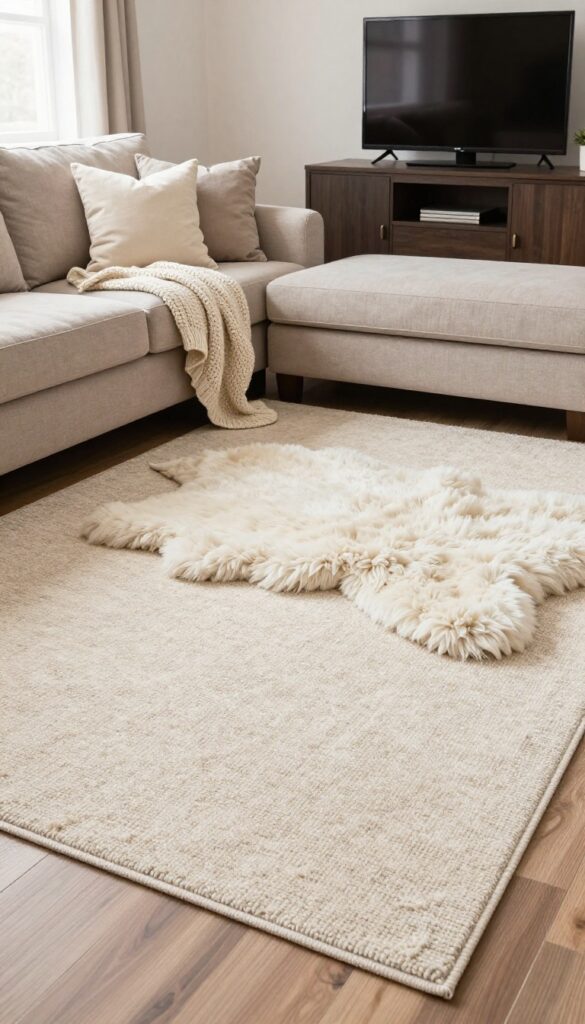 Cozy basement living room with layered rugs, sofa, and media console for movie-night comfort.