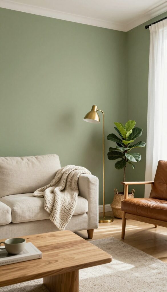 Bright living room with olive green accent wall, cream sofa, leather chair, brass lamp, and fiddle-leaf fig plant.
