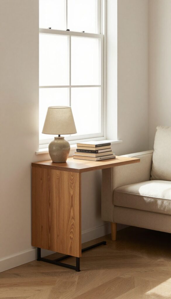 Small living room with a drop-leaf table used as a console table under a window
