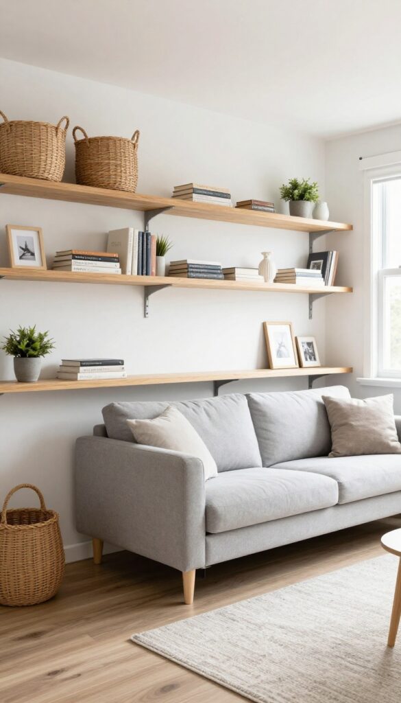 Mobile home living room with modular open shelving in light oak, styled with baskets, books, and plants, bright natural light.