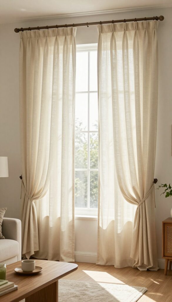 Cafe-style half curtains on a tension rod in a cozy living room, letting in natural light from the top half of the window.