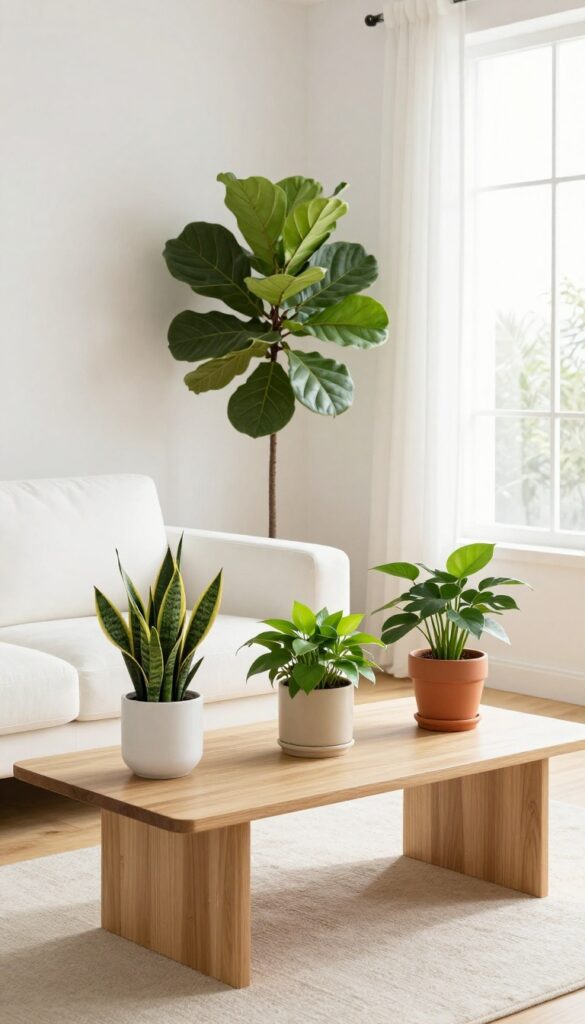 Modern living room with greenery on coffee table and tall fiddle-leaf fig in corner, bright natural light, minimalist decor