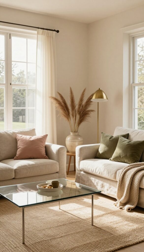 Bright living room with creamy beige walls, linen sofa, jute rug, and warm natural light, featuring brass accents and soft blush and olive green pillows.