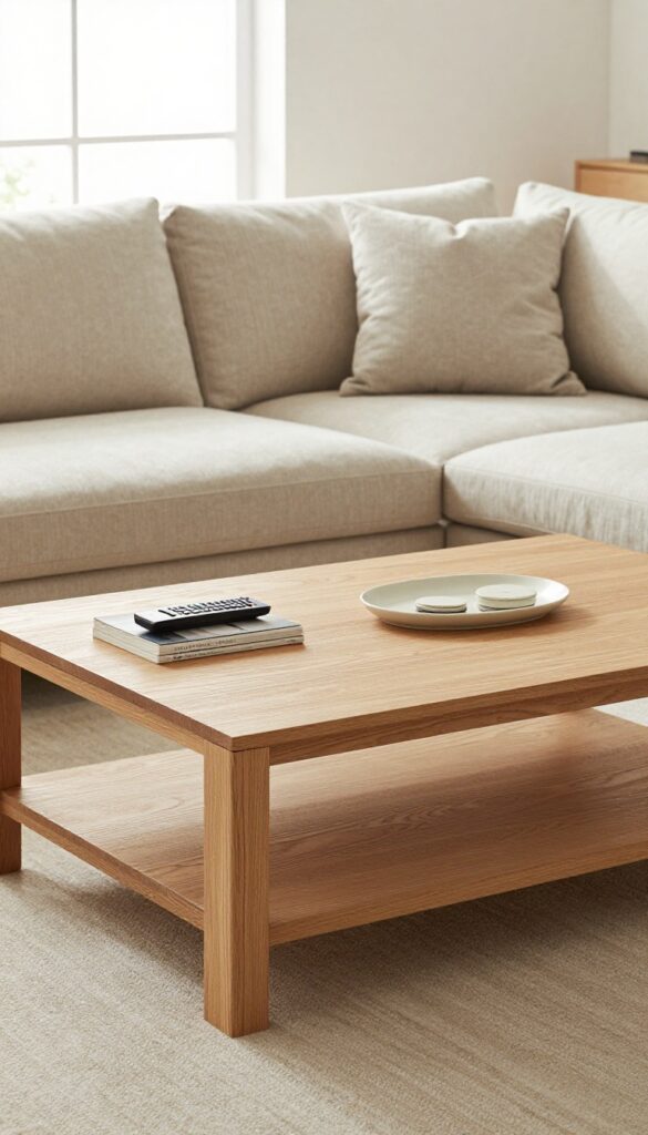 Low coffee table with storage shelf in a bright modern living room