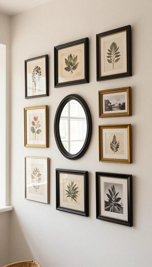 Vintage gallery wall with mismatched frames in black and brass, filled with botanical prints and old photos, styled with a small mirror and woven basket.