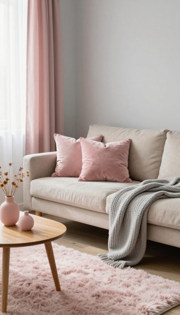 Living room with gray walls, beige sofa, blush pink velvet pillow, chunky knit gray blanket, pale pink faux fur rug, and pink ceramic vase on coffee table, natural light.