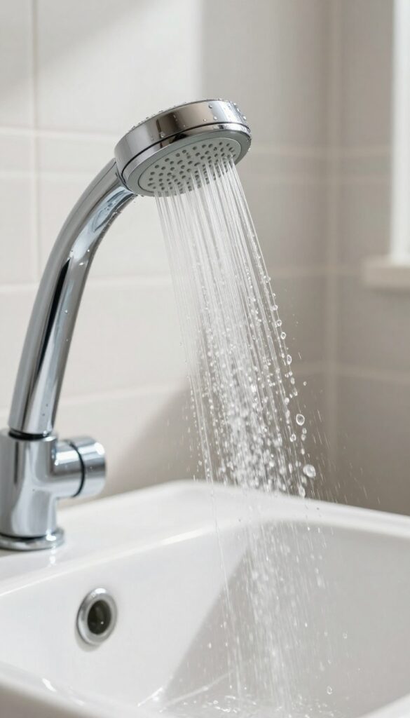 Handheld shower head spraying water into a sink, demonstrating the flushing step to remove residue.