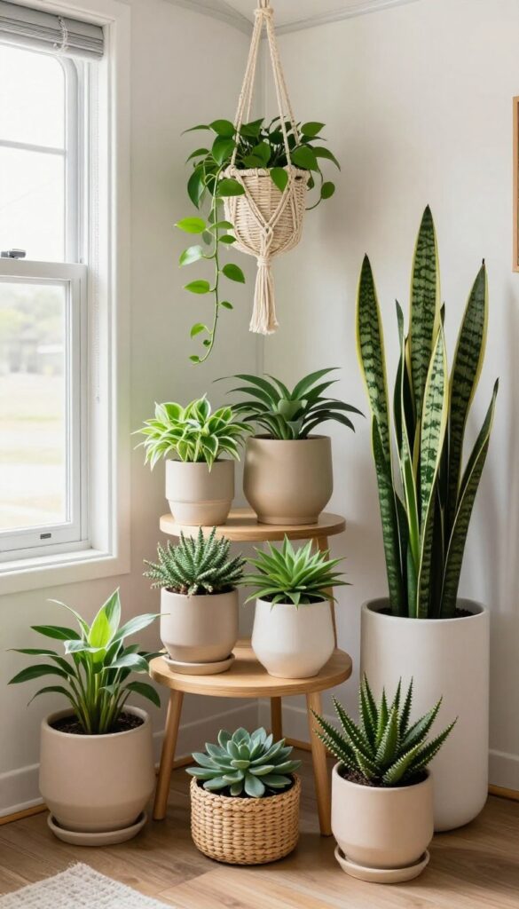 Trailer living room with houseplants on tiered stand and hanging planter, natural light, cozy vibe