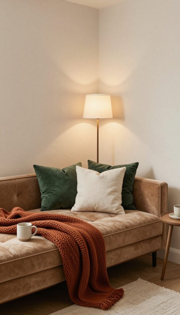 Cozy basement living room corner with a camel velvet tufted daybed, rust throw, green and cream pillows, floor lamp, and side table.