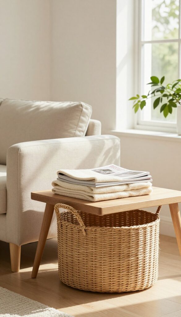 Woven basket under console table storing blankets and magazines in a bright living room.