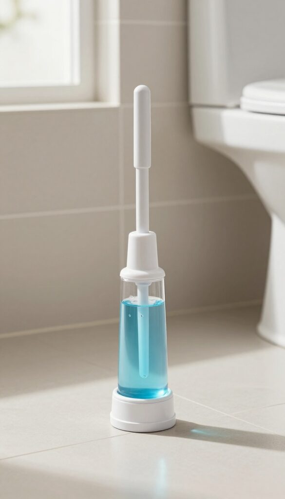 Toilet brush with built-in cleaner dispenser on bathroom floor