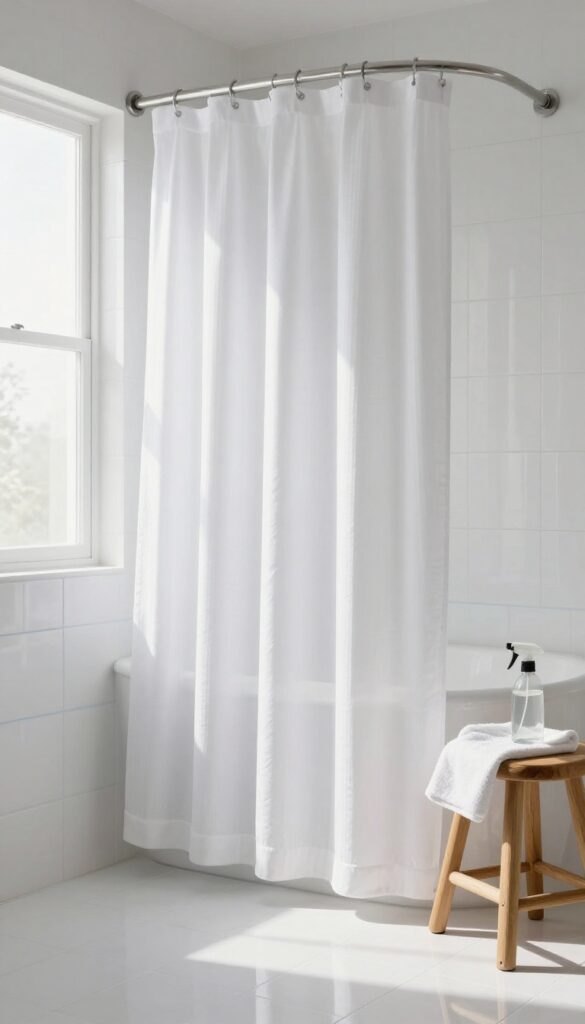 Clean white fabric shower curtain in bright bathroom with spray bottle and towel on wooden stool