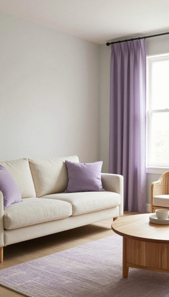 Small living room with lavender and light greige color palette, featuring cream sofa, lavender pillows and curtains, and natural wood accents.