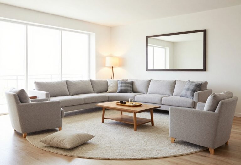 Bright living room with circular seating, coffee table tray, and warm lighting