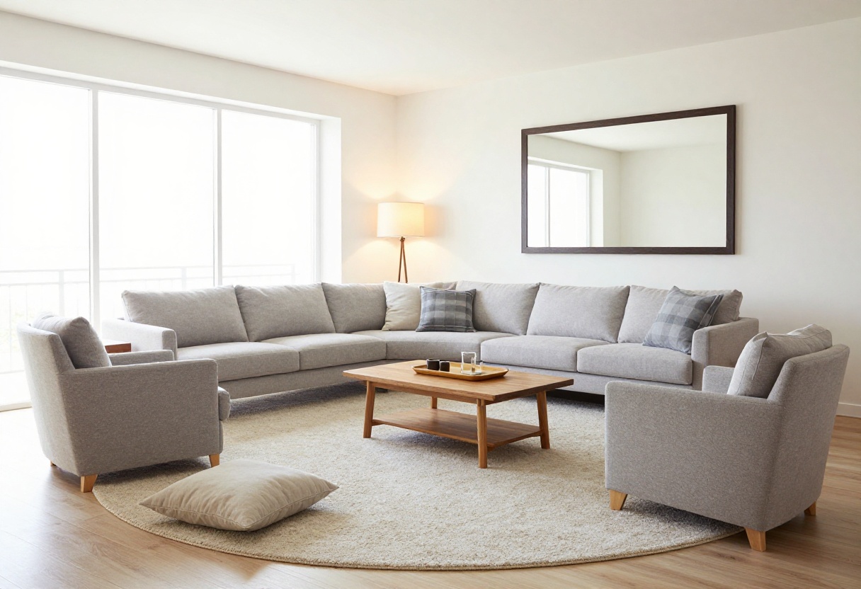 Bright living room with circular seating, coffee table tray, and warm lighting