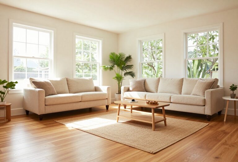 Cozy living room with warm honey oak luxury vinyl plank flooring, beige sofa, and natural light