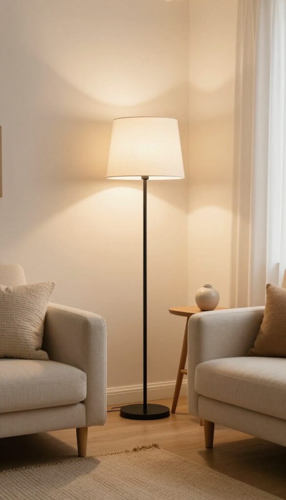 Cozy living room with layered lighting from floor lamp, table lamp, and ceiling fixture