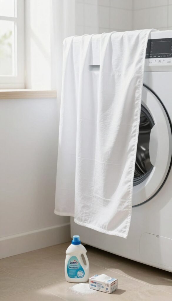 White fabric shower curtain going into a washing machine with detergent and baking soda nearby.