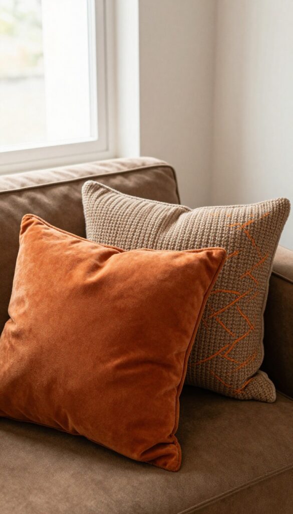 Burnt orange throw pillows layered on a brown sofa with varied textures and patterns in natural light.