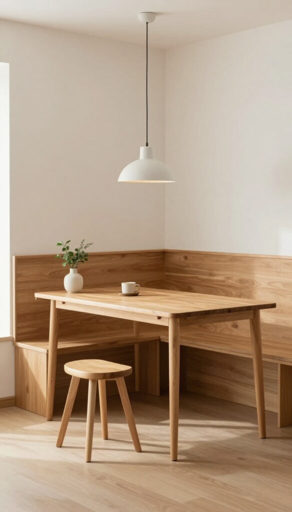 Fold-down table in a shallow living room alcove with stool and lamp