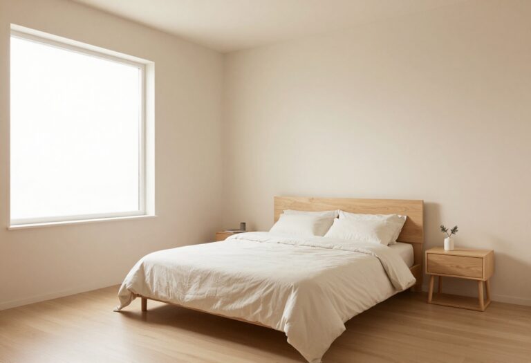 Clean and organized bedroom with made bed and tidy surfaces