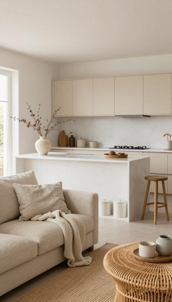 Neutral open-plan living room and kitchen with warm whites, soft beiges, and textured accents like linen, knit, rattan, seagrass, and ceramic, creating a calm, airy small-space flow.