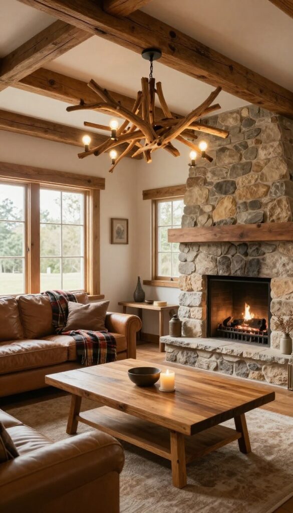 Rustic living room with driftwood chandelier over coffee table, exposed beams, stone fireplace, and warm lighting.