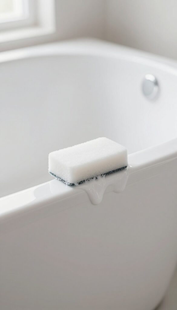 White bathtub with a magic eraser sponge and partially removed waterline ring