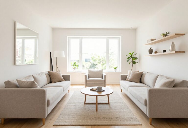 Bright narrow living room with light furniture, round coffee table, runner rug, and mirror creating an airy feel.