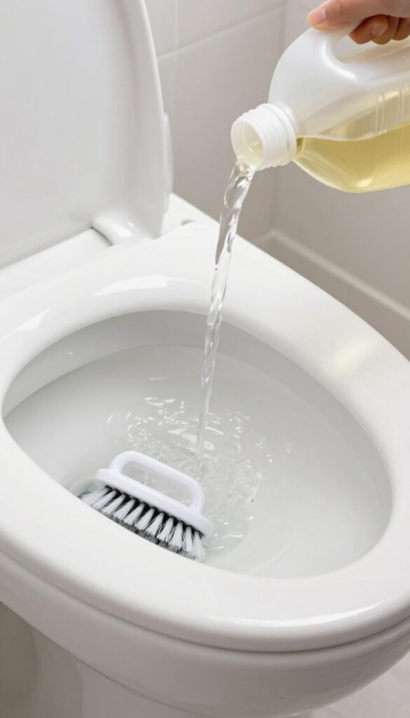 Pouring white vinegar into a toilet tank for a seasonal flush cleaning