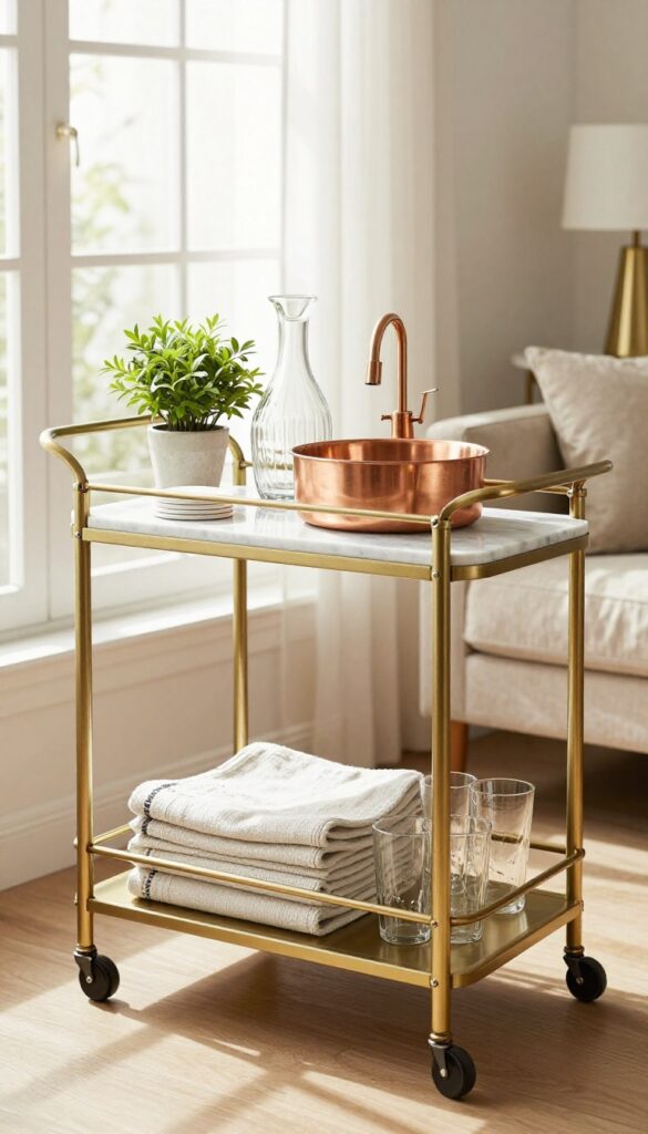 Bar cart with brass frame and copper sink in living room near window