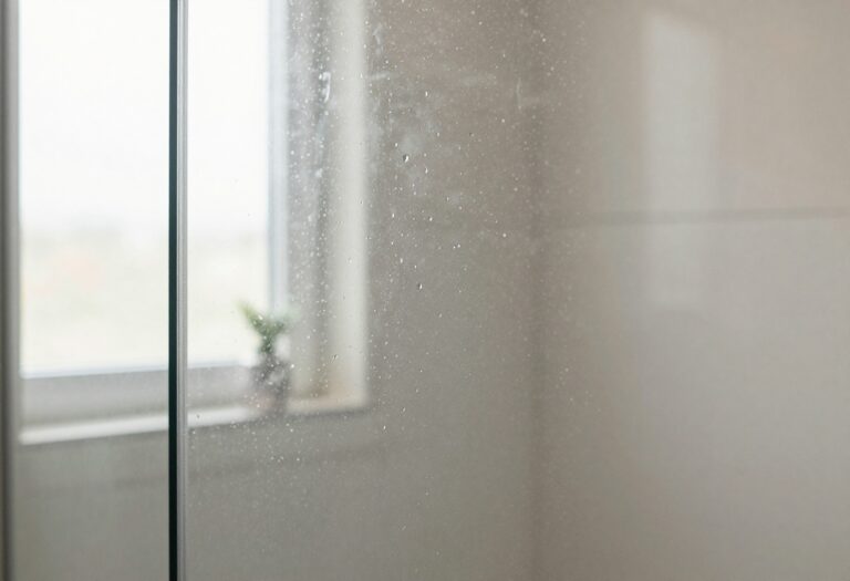 Sparkling clean glass shower door with water beads