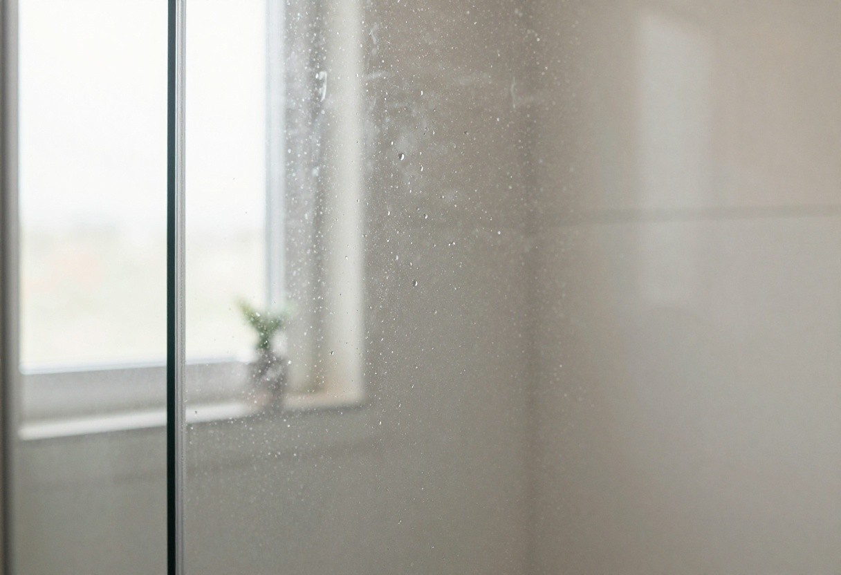 Sparkling clean glass shower door with water beads