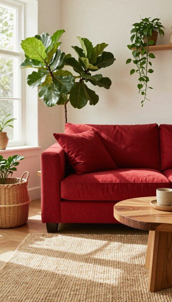 Cozy living room with red couch, jute rug, rattan chair, wood coffee table, and plants