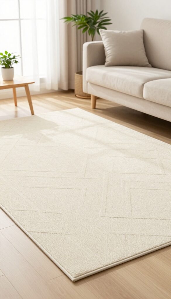 Small living room with a light cream geometric rug under a sofa, natural light, minimalist decor.