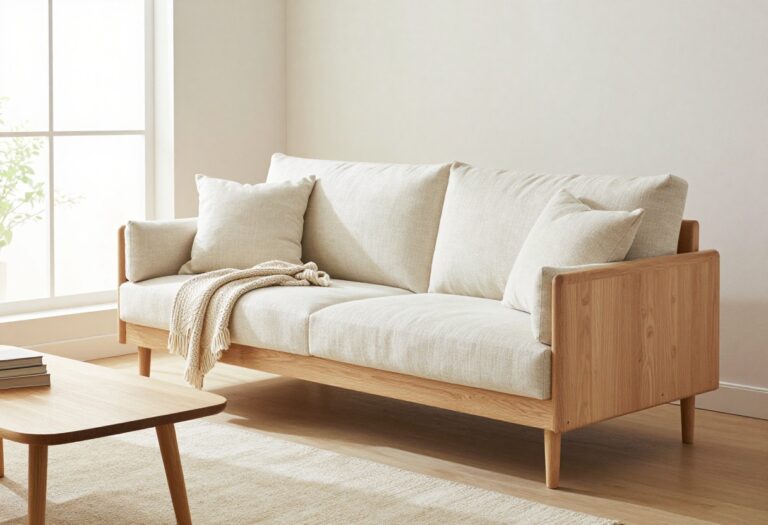 Modern living room with a light oak wooden sofa, cream cushions, and a cozy knit throw in natural light.