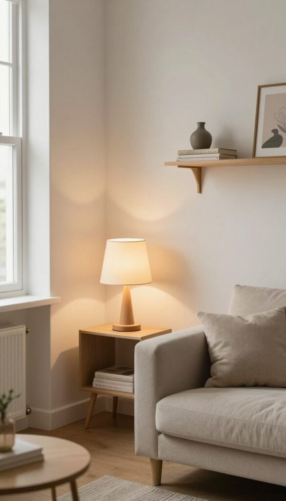Warm layered lighting in a small living room with floor lamp, table lamp, and wall sconce creating a cozy atmosphere